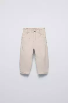 Брюки из вельвета с подкладкой и из бумажного мешка ZARA, экрю
