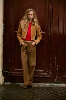 Брюки из вельвета с завязкой ZARA, коричневый