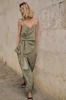 Брюки из жаккардовой ткани с завязками ZARA, хаки