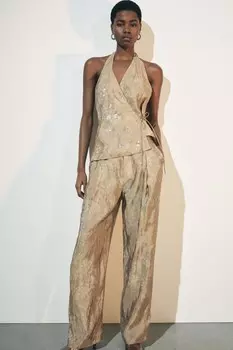 Брюки из жаккардовой ткани ZARA, золотой