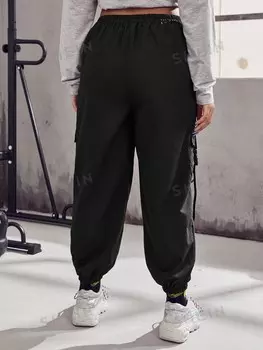Брюки-карго EZwear с кулиской на талии Сумка с клапаном, ленточным декором, имеет замок, больших размеров Shein, черный