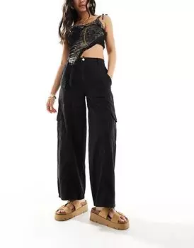 Брюки карго из денима поплин черного цвета New Look