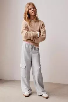 Брюки карго из флиса с поясом ZARA, серый мергель