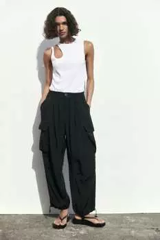 Брюки карго из смешанного льна ZARA, черный