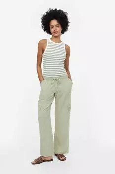 Брюки-карго из смесового льна H&M, светло-зеленый хаки