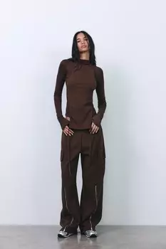 Брюки карго с эффектом потертости и молниями ZARA, коричневый