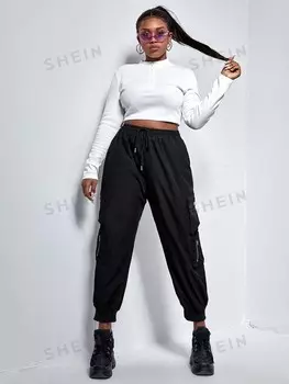 Брюки карго с кулиской EZwear Есть сумка с клапаном размера Plus Shein, черный