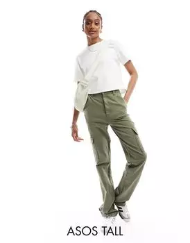 Брюки карго узкого кроя с карманами цвета хаки ASOS Tall