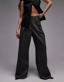 Брюки-комфорт с плиссировкой на поясе и узором «елочка» серого цвета СЕРЫЕ Topshop