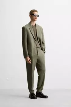 Брюки костюмные из хлопка и льна ZARA, средне-зеленый
