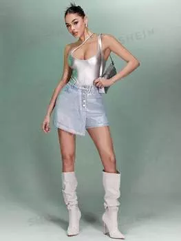 Брюки-кюлоты джинсовые Shein Bae с металлизированными пуговицами, синий