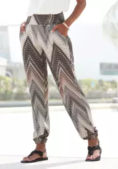 Брюки LASCANA из джерси, с принтом по всей поверхности и карманами, эластичным поясом, пляжные брюки, кремовый