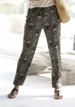 Брюки LASCANA трикотажные, с этническим узором и карманами, летние брюки, черный