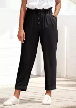 Брюки LASCANA в бумажном пакете, с декоративными пуговицами и эластичным поясом, брюки из ткани, черный