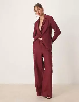 Брюки Mango co-ord из 100% льна с бахромой по краям, темно-красные