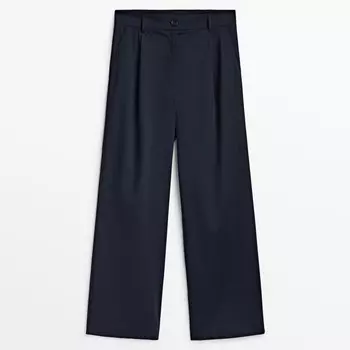 Брюки Massimo Dutti Wide-leg Cotton Blend Satin Darted, темно-синий