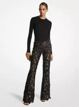Брюки Michael Kors Hand-Embroidered Paillette Floral Lace, черный