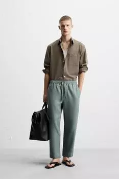 Брюки обычного покроя из 100% льна ZARA, цвет Grey green