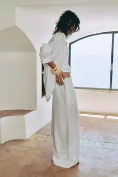 Брюки палаццо из 100% льна ZARA, жемчужно-белый