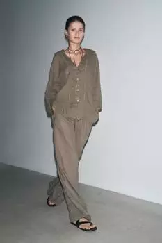 Брюки палаццо из 100% льна ZARA, цвет Brown/Taupe