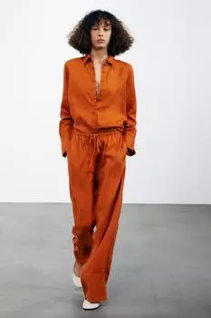 Брюки палаццо из 100% льна ZARA, цвет Dark orange