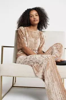 Брюки плиссе из бархата River Island, бежевый