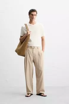 Брюки плиссированные с поясом ZARA, кэмел