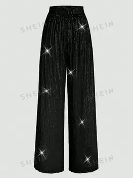 Брюки Priv, широкий крой, модные бусины, пэчворк, подходят для повседневной носки, большого размера Shein, черный
