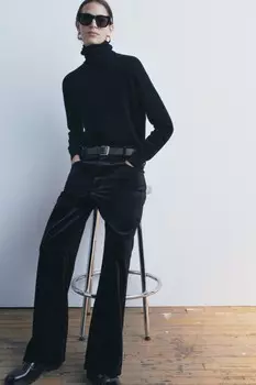 Брюки прямого кроя из бархата ZARA, черный