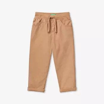 Брюки прямого кроя из хлопкового поплина с вышитым логотипом 18 месяцев - 6 лет Benetton, бежевый