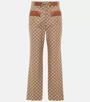 Брюки прямого кроя из парусины Horsebit с узором GG GUCCI, коричневый