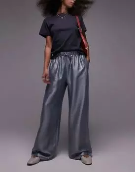 Брюки прямого кроя из текстурированного атласа с завязками серебристого цвета Topshop