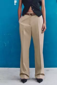 Брюки прямого кроя с поясом ZARA, кэмел