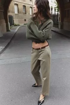 Брюки прямого кроя с поясом ZARA, камень