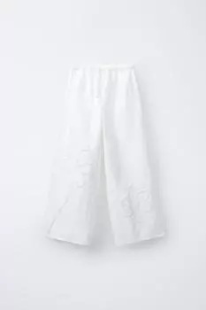 Брюки прямого кроя с вышитыми цветами ZARA, белый