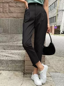 Брюки прямого кроя с завышенной талией, мелкие детали Dazy, черный