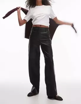 Брюки прямого кроя Topshop из черной искусственной кожи с отстрочкой