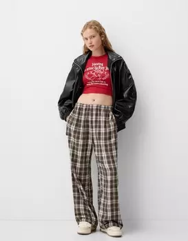 Брюки прямого кроя в клетку Bershka, коричневый