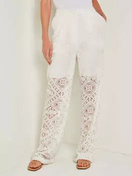 Брюки прямого покроя с пуговицами и кружевом на подкладке Misook, белый