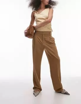 Брюки прямого покроя со складками бежевого цвета Mango