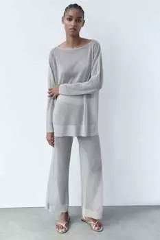 Брюки прямого трикотажа с металлической нитью Zara, серебро