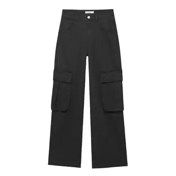 Брюки Pull&Bear High-waist Wide-leg Cargo, черный