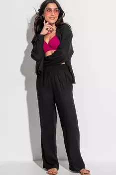 Брюки Quinn из льняной смеси со сборками на талии Pour Moi, черный