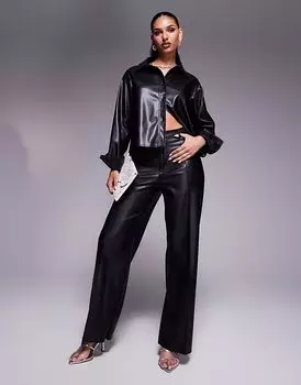 Брюки River Island из искусственной кожи с широкими штанинами и передним швом, черного цвета