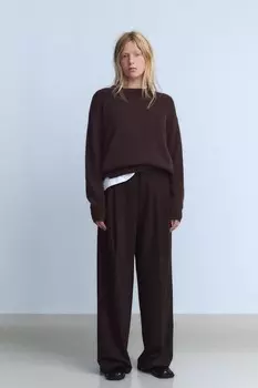 Брюки с двойной складкой ZARA, шоколадно-коричневый