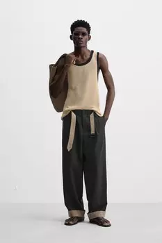 Брюки с контрастным поясом ZARA, черный
