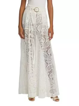 Брюки с кружевом и поясом Wonderland с узором пейсли Zimmermann, слоновая кость