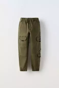 Брюки с многокарманами ZARA, темный хаки