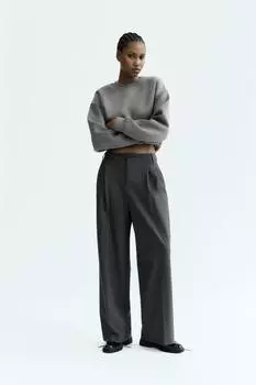 Брюки с плиссами в полную длину ZARA, темно-серый