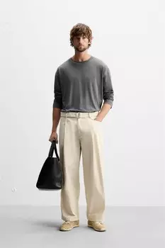 Брюки с плиссировкой и поясом ZARA, экрю